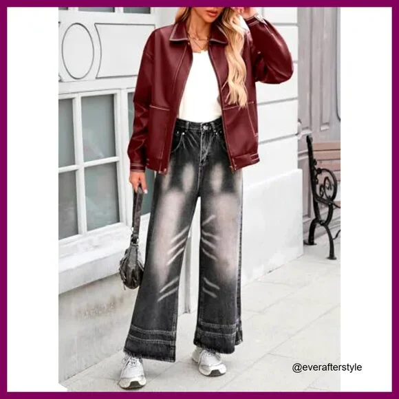 Faux Leather Motorcycle Jacket Oversized Bomber Zip Up Trendy Fall Winter